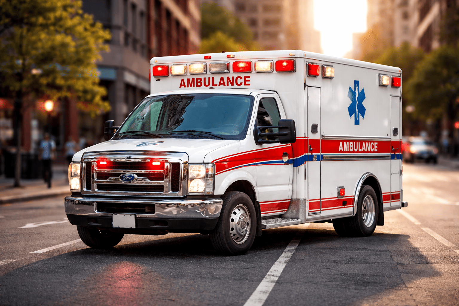 White ambulance parked near a sidewalk